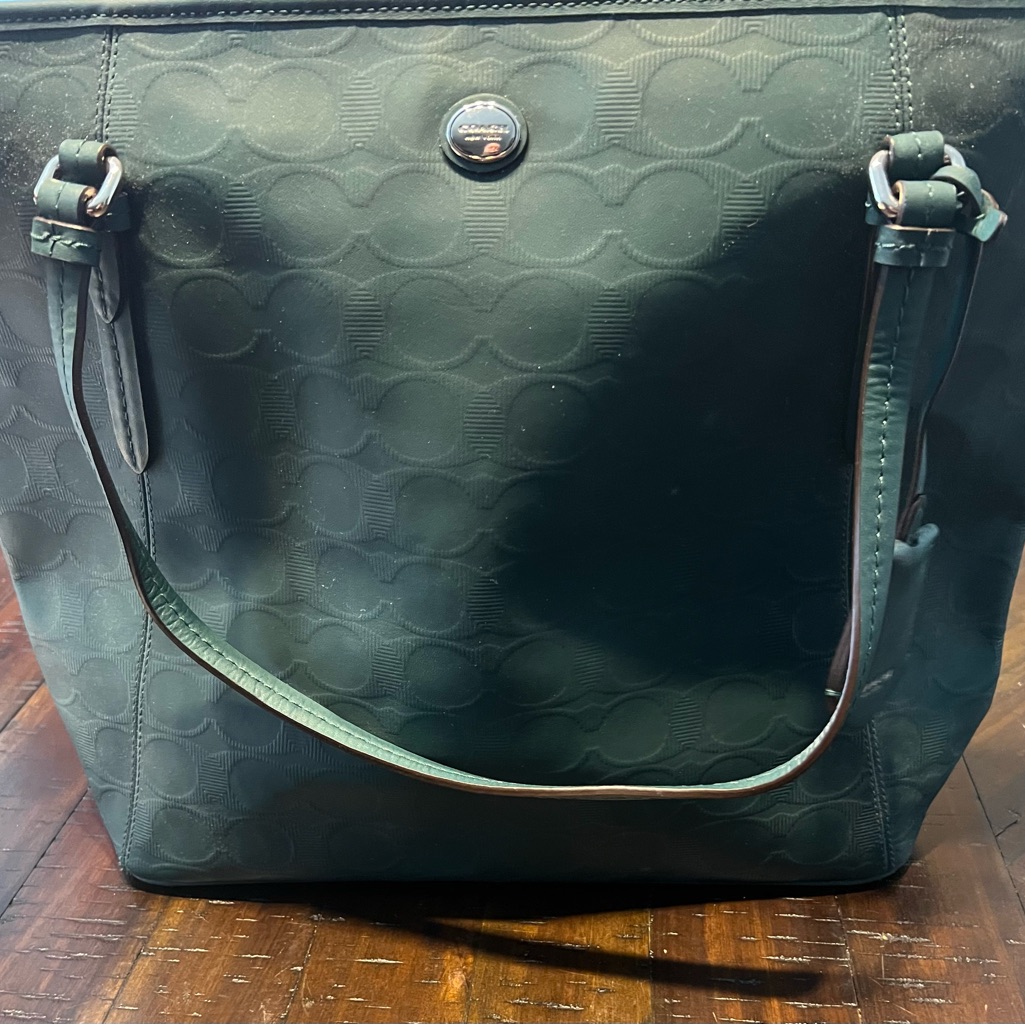 Coach Peyton Authentic Linear C Embossed Leather Zip Hunter Green Tote Bag